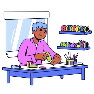 An artisan in a workshop is focused on creating "choora" bangles. The artisan has a concentrated expression as they mold the bright red and green bangles. Various tools are neatly arranged on a wooden workbench beside them. The workshop is filled with natural light streaming through a large window, casting soft shadows on the walls. A colorful array of finished "choora" bangles is displayed on a nearby shelf.