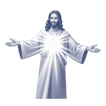 A figure of Jesus is depicted, standing with arms open wide. His face expresses warmth and kindness. At the center of his chest, there is a heart that appears to be glowing, radiating light. The light extends outward, creating an aura that envelops him. His garments flow gently around him, contributing to the feeling of peace and compassion in the scene.