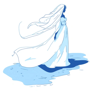 A white ghostly bride is gracefully walking along the water's edge. Her flowing dress trails behind her, gently moving with the breeze. The fabric of the dress is sheer and ethereal, appearing to shimmer as it catches the light. The surface of the water reflects her pale figure, creating a hauntingly beautiful scene. Her long hair cascades down her back, blending seamlessly with the soft waves lapping at the shore. The atmosphere is tranquil, with a sense of mystery surrounding her elegant presence.