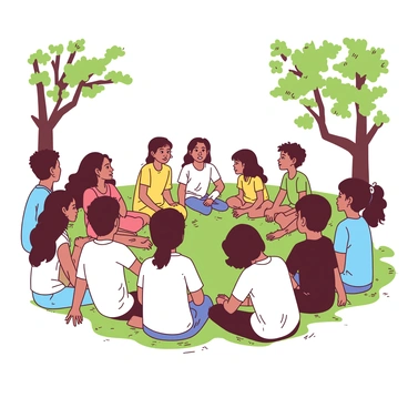 A group of diverse children, ranging in age from about six to ten, are sitting on a grassy area, listening intently to a small gathering of apostles. The apostles are standing in a semi-circle, sharing stories and teachings. Each child has a look of inspiration and curiosity on their face, with bright, wide eyes and eager expressions. Some children are leaning forward, while others have their hands resting on their knees. In the background, there are trees framing the scene, adding a natural feel to the setting. Sunlight filters through the leaves, casting gentle shadows on the ground.
