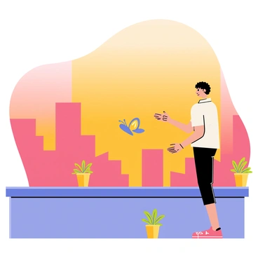 A city rooftop scene with a vibrant orange and pink sunset in the background. A person with short dark hair is standing at the edge of the rooftop, reaching out with an open hand toward a colorful butterfly hovering in front of them. The butterfly features bright blue and yellow wings. The city skyline is visible in the distance, with tall buildings silhouetted against the sunset. Small potted plants are placed along the edge of the rooftop, adding green details to the scene.