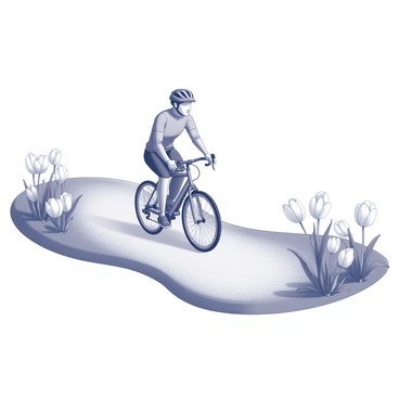 A cyclist is riding along a winding path. The path is bordered by clusters of blooming crocus flowers on both sides, showcasing their distinctive shapes and forms. The cyclist is wearing a helmet and sporty attire, pedaling steadily while enjoying the scenery. The flowers are in varying stages of bloom, adding texture to the landscape with their delicate petals. The scene captures the essence of an outdoor adventure in springtime.