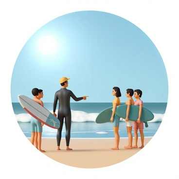 A surf trainer, wearing a wetsuit and a bright cap, is standing on the sandy beach, pointing towards the waves. The group of beginners is gathered around him, each holding colorful surfboards in various shades of blue, green, and red. The sun is shining brightly in the clear blue sky, reflecting off the ocean's surface. The beginners, wearing swimwear and sunblock, are eagerly listening to the trainer, ready to learn. In the background, gentle waves are rolling towards the shore, creating a lively atmosphere.