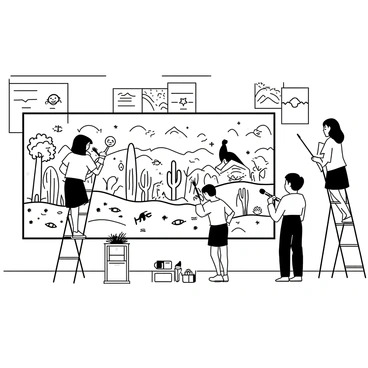 A large classroom mural filled with various animal habitats is being illustrated by a group of students. In one section, a student is drawing a dense rainforest, featuring tall trees and exotic animals like monkeys and colorful birds. Another student is working on a desert scene, depicting cacti, sand dunes, and a sun-baked lizard. At the same time, a third student is illustrating an ocean habitat, complete with waves, fish, and seaweed. The students are standing on ladders and using large paintbrushes, concentrating on their work, while several art supplies lay scattered around them. The classroom walls are adorned with posters of different ecosystems.