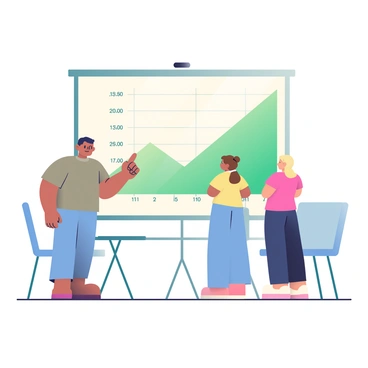 A presentation screen displays a graph with an upward growth trend characterized by a green line rising steadily. The graph includes labeled axes, with numbers indicating values along both the vertical and horizontal lines. In front of the screen, a small group of three people is standing. One person, a man with dark hair, is pointing at the graph with a confident expression while two women, one with brown hair tied up and the other with blonde hair, are attentively watching. The room is well-lit, and there are chairs and a table visible in the background.