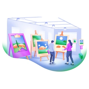 A spacious gallery filled with paintings displayed on illustration boards of various dimensions. Each board showcases vibrant artwork, including abstract designs, landscapes, and portraits. The boards are arranged in an organized manner, some leaning against the walls and others mounted on easels. Soft lighting highlights the colors of the paintings, creating an inviting atmosphere for viewers. A small group of people walks around, admiring the artwork and discussing their favorites.