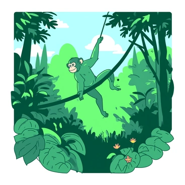 A green monkey is swinging from a sturdy branch in the dense canopy of a rainforest. Lush green leaves surround the monkey, with sunlight filtering through the foliage, creating patches of light on the forest floor. The monkey's long tail is extended behind it as it leaps to another branch, showcasing its agility. Various shades of green dominate the scene, with hints of vibrant flowers peeking through the leaves. In the background, other trees rise high, adding to the sense of depth and wilderness.