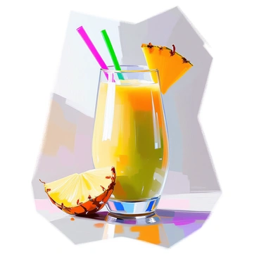 A tall glass filled with a vibrant tropical smoothie, showcasing a blend of bright yellow and green colors. The glass has a curved shape and is accompanied by a colorful straw sticking out of the top. At the rim of the glass, a fresh slice of pineapple is elegantly placed, adding a tropical feel to the scene. The smoothie appears thick and creamy, and condensation can be seen on the outside of the glass, suggesting it is cold and refreshing.