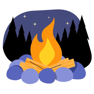 A campfire surrounded by smooth stones, with bright orange flames flickering upwards. The fire emits a warm orange glow, casting light on several logs arranged around it. The night sky is dark, and a few stars are visible above, adding a touch of sparkle. Shadows of nearby trees create a serene backdrop, framing the scene while the warm aura enhances the cozy atmosphere.