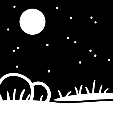 A night scene featuring a dark sky illuminated by "gentle moonlight". Below the moon, there are "glowing fireflies" scattered throughout the scene, creating small bright spots in the air. The landscape includes "silhouetted trees" in the foreground, adding depth to the composition. The ground is covered with "soft grass", gently swaying in a light breeze, enhancing the tranquil atmosphere of the night.
