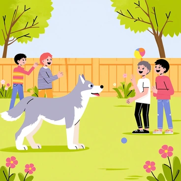 A gentle husky with a thick, fluffy coat and striking blue eyes is playing with three children in a sunny backyard. The children, two boys and a girl, are laughing as they throw a colorful ball towards the husky. The grass is bright green and well-maintained, and there are several flowers blooming around the yard in various colors. A wooden fence surrounds the backyard, and there are tall trees casting dappled sunlight onto the scene. The sky is clear blue, adding to the cheerful atmosphere.