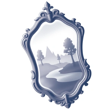 A large, ornate antique mirror with an intricately carved frame. The surface of the mirror displays swirling patterns that suggest the presence of magical energy. Reflected in the mirror is a parallel world, showcasing an alternate landscape with unusual trees and a strange sky. The overall atmosphere is filled with a sense of wonder and intrigue, drawing the viewer's attention to the captivating reflection.