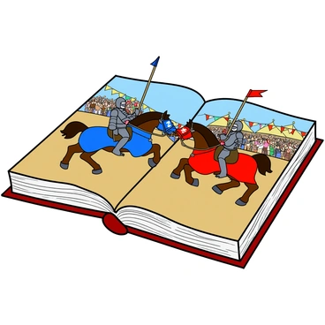 A large, open book with a colorful illustration depicting a medieval jousting tournament. Two knights in full armor are riding on majestic horses, one clad in blue and the other in red. The horses are galloping, their manes flowing in the wind. The knights hold long lances aimed at each other. The edges of the book's pages appear to curl upward, creating a 3D effect as if the knights are popping out from the book. The background shows a cheering crowd with flags waving in the air, and vibrant banners hanging from nearby tents. The scene is lively and filled with action, emphasizing the excitement of the tournament.