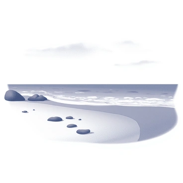 A beach scene with soft waves gently lapping at the sandy shore. The shoreline is framed by a series of small rocks scattered along the edge of the water. The sky above is clear and expansive, with a few wispy clouds. The beach is devoid of any people or structures, emphasizing the natural beauty of the environment. The sand appears smooth and evenly textured, reflecting the calmness of the scene.