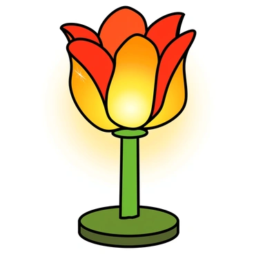 A lantern made of stained glass in the shape of a flower, featuring petals in shades of red, yellow, and orange. The flower has a green stem that extends down to a round base. The glass panels are delicately outlined with black metal, enhancing the vibrant colors. The lantern emits a warm, glowing light that creates a cozy ambiance around it. Small, intricate details are visible on the petals, showcasing the craftsmanship. The background is softly illuminated by the light from the lantern.