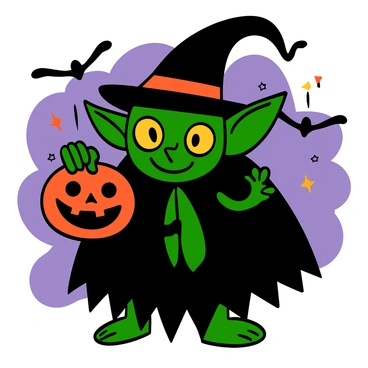 A gremlin dressed in a spooky costume, holding a pumpkin during Halloween.