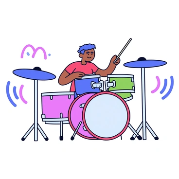 A drum set consisting of a bass drum, snare drum, toms, and cymbals. The drums are in bright colors: the bass drum is red, the snare is blue, and the toms are green. There are animated sound waves depicted as flowing lines in various shades of blue and purple radiating outwards from the set. The drummer is positioned behind the drum set, holding drumsticks and in motion as if playing energetically. The background is plain to emphasize the drum set and the sound waves.