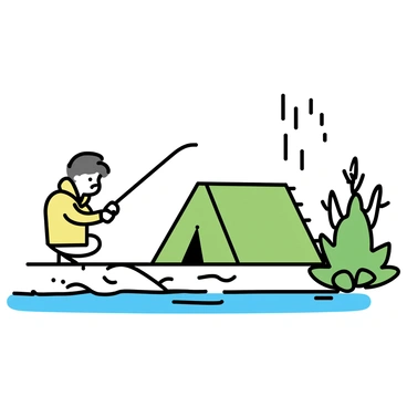 A small tent, colored green, is set up next to a river. A person wearing a yellow raincoat is fishing under a light drizzle, holding a fishing rod. The person has a focused expression while gazing at the water. Lush wet foliage surrounds the area, with various shades of green leaves glistening from the rain. The river flows gently beside the tent, creating ripples on the surface.