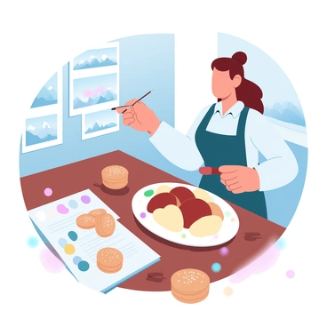 An artist is standing in a bright, cozy studio filled with art supplies. On a wooden table, there is a beautifully arranged plate featuring "haggis" surrounded by "mashed potatoes" and "neeps" (turnips). Next to the plate, there is a stack of "shortbread" cookies with a sprinkle of sugar on top. The artist is holding a brush in one hand, adding details to the illustration, while colorful paints are spread across the table. A sketchbook open nearby shows various traditional Scottish dishes. The walls of the studio are adorned with framed artworks depicting scenic landscapes of Scotland.