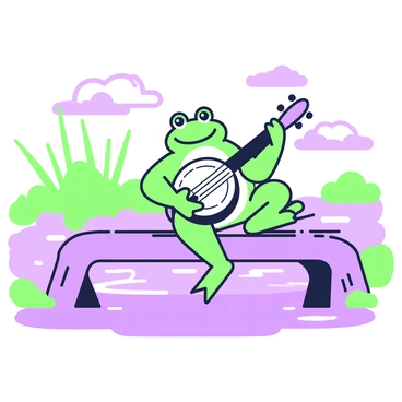 A frog is sitting on a log that spans across a river. The frog has a round body and is holding a banjo in its webbed hands. The banjo has a rounded body and a long neck, with clearly visible strings. The river flows gently beside the log, reflecting the surroundings. In the background, there are tall grasses and some bushes lining the riverbank, while a few clouds are visible in the sky. The frog is focused on strumming the banjo, with a look of concentration on its face.
