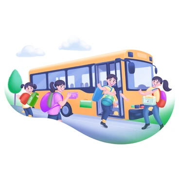A scene depicting children eagerly boarding an electric bus for a school trip. The bus is brightly colored, showcasing modern design elements. Each child is wearing a cheerful expression, with various colorful backpacks, such as red, blue, green, and yellow, slung over their shoulders. Some children are chatting excitedly with one another, while others are holding their lunch boxes. The bus door is wide open, welcoming them inside. The background features a sunny day with a few fluffy clouds and some trees lining the sidewalk.