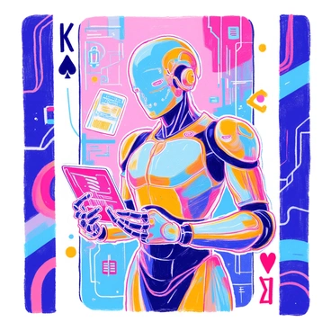 A futuristic playing card design features a sleek robot character with metallic skin and glowing blue accents. The robot is positioned in the center of the card, holding a holographic playing card in its hand. Surrounding the robot are intricate circuit patterns and floating digital interfaces. Bright lights and neon colors create an energetic atmosphere, enhancing the technological theme. The background consists of abstract shapes and lines that suggest advanced machinery and innovation.