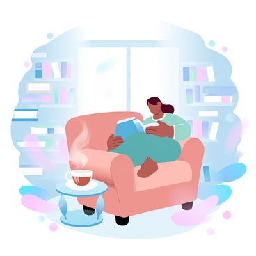 A cozy scene features a book lover curled up in a plush chair near a large window. The chair is upholstered in soft fabric, showcasing a warm, inviting color. The person is nestled comfortably, surrounded by stacks of books that vary in size and color. A steaming cup of tea sits on a small table beside the chair, with wisps of steam rising gently into the air. Sunlight filters through the window, creating a soft glow that highlights the warm atmosphere of the space. The surrounding area is filled with more bookshelves, filled to the brim with various titles.