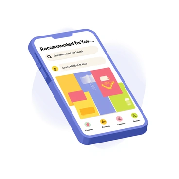 A smartphone with a sleek, modern design is displayed prominently. The screen of the smartphone shows the interface of a book recommendation app. The app features a bright, attractive layout with a "Recommended for You" section at the top, displaying colorful book covers. Below, a search bar is visible with the placeholder text "Search for books...". There are buttons for "Genres," "Favorites," and "New Releases," each represented with distinct icons. The background of the smartphone is a light gradient, enhancing the focus on the app's interface.