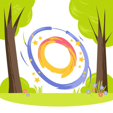 A swirling portal of energy located in a forest clearing. The portal emits vibrant sparks and glows with elemental colors, including bright blues, fiery reds, and deep greens. Surrounding the portal, lush green trees with thick trunks tower overhead, and soft grass covers the ground. Light filters through the leaves, casting dynamic shadows on the clearing. Small flowers in various colors blossom near the base of the portal, adding detail to the scene.