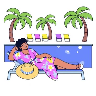 A woman lounging by a pool at a tropical resort, wearing a bright, patterned kaftan