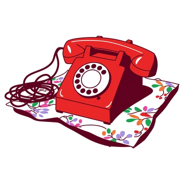 A red rotary phone with a glossy finish features a tangled black cord that sprawls across the surface. The phone is positioned prominently on a white floral-patterned tablecloth, which displays an intricate design of colorful flowers and green leaves. The rotary dial is clearly visible, and the light reflects off the phone's surface. The tablecloth's vibrant patterns provide a contrasting backdrop to the phone, emphasizing its retro charm.