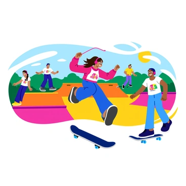 A vibrant scene at a retro skatepark filled with colorful ramps and graffiti-covered walls. A teenage girl with bright pink headphones is jumping rope in the center, her long hair flying as she leaps. Surrounding her are several other teens on skateboards, one performing a trick while another balances on the edge of a ramp. They all wear casual, stylish clothing, including graphic tees and denim shorts, with smiles on their faces, enjoying the lively atmosphere of the park. The sun is shining brightly, casting playful shadows on the ground.