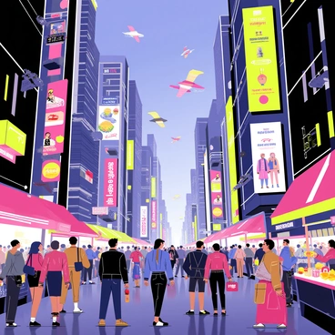 A bustling cyberpunk city scene filled with tall, futuristic buildings adorned with vibrant neon lights in various colors like pink, blue, and green. Holograms of advertisements float above the streets, showcasing products and digital characters. Crowds of people in stylish, high-tech clothing move through the busy streets, some carrying electronic devices. Flying vehicles zip through the sky, while street vendors sell glowing food items from their stalls. The atmosphere is alive with energy, showcasing the high-tech lifestyle of a cyberpunk world.