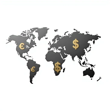 A world map displayed prominently in the background, featuring distinct colors for each continent. Various currency symbols, including the dollar sign, euro, yen, and pound, appear in different sizes and styles. These symbols are arranged to create a dynamic interaction across the continents, with some symbols overlapping and connecting through dotted lines. Each currency symbol is designed with a metallic texture, reflecting light. The continents are labeled with their names in clear typography, adding context to the visual.