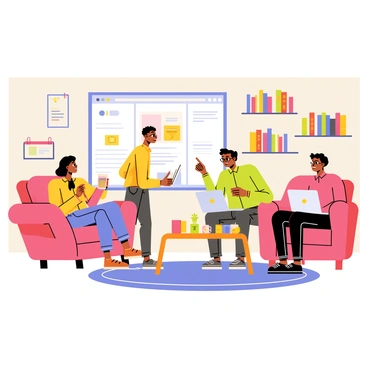 A cozy room with warm lighting and comfortable seating. A group of four people is gathered around a large screen displaying a video project. One person, a woman with curly hair, is seated on a plush sofa, holding a notebook. A man with glasses, sitting in an armchair, is pointing at the screen while discussing ideas. Two other individuals, a man and a woman, are seated on a rug with laptops open in front of them. The walls are adorned with inspirational posters and bookshelves filled with various books. A coffee table in the center holds mugs and snacks, creating a relaxed atmosphere for their discussion.