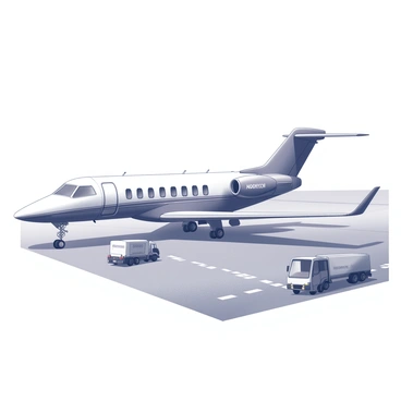 A luxurious private jet with a sleek and aerodynamic design is parked on the tarmac of an airport. The aircraft has large, tinted windows and elegant lines, highlighting its modern construction. In the foreground, there are several ground support vehicles, including a baggage cart and fuel truck, positioned nearby. The airport runway is visible in the background, lined with safety markings. The setting includes a clear sky overhead, allowing for ample natural light illuminating the scene.