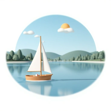 A small sailboat cruising on a tranquil lake under a clear blue sky