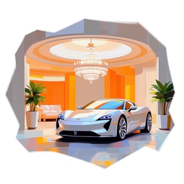 A luxury car parked under a grand chandelier in an opulent parking garage