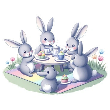 A group of cartoon rabbits is gathered around a small table set for a tea party. Each rabbit has distinct features, such as long ears and fluffy tails. The table is adorned with a variety of teapots, some intricately designed, and several colorful cupcakes are arranged on platters. The garden setting includes vibrant flowers and green foliage surrounding the scene. The rabbits are engaged in animated conversation, some holding cups, while others reach for the treats. Brightly colored picnic blankets are spread on the grass, enhancing the cheerful atmosphere of the gathering.