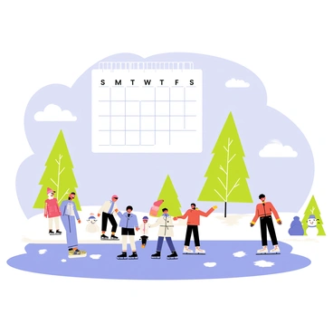 A January calendar page displayed prominently at the top. Below the calendar, a scene depicts several people joyfully ice skating on a frozen lake. Some skaters are wearing colorful winter coats, scarves, and hats, while others are mid-spin or holding hands with friends. Trees in the background are dusted with snow, and a few children can be seen building a snowman nearby. The sky is clear with a few fluffy clouds, completing the winter atmosphere.