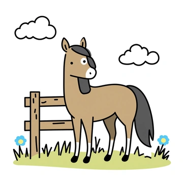 A brown horse, with a shiny coat and a long mane, stands next to a rustic wooden fence. The fence is weathered, with splintered wood and a natural, earthy tone. The background features a grassy field with patches of wildflowers. The horse is looking curiously towards the viewer, with its ears perked up. The sky above is clear with a few fluffy clouds scattered.