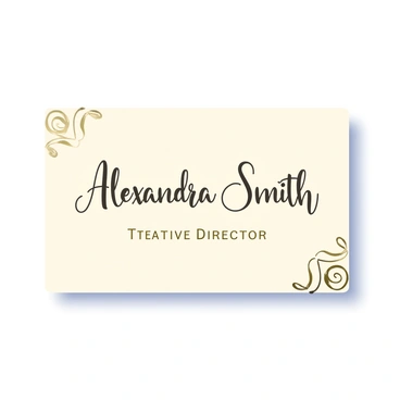 A business card with a textured cream background is displayed prominently. The text is written in elegant, flowing calligraphy, featuring the name "Alexandra Smith" in a bold, dark gold font. Below the name, the title "Creative Director" is inscribed in smaller, graceful lettering. Decorative flourishes in a matching dark gold color curve elegantly around the corners of the card, enhancing its sophistication. A subtle shadow casts beneath the card, creating a sense of depth. The overall composition conveys a sense of professionalism and artistry.