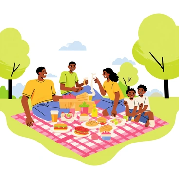 A cheerful African American family enjoying a picnic in a sunny park. The scene features a vibrant, checkered blanket spread out on the grass. A variety of delicious food items such as sandwiches, fruit, and drinks are arranged on the blanket. The family members include a father, a mother, and two children, all smiling and engaged in conversation. The background shows green trees and a clear blue sky, enhancing the joyful atmosphere of the picnic.