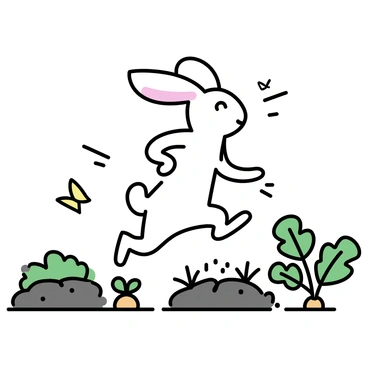 A rabbit, with soft white fur and long ears, is leaping gracefully among green vegetable patches. The vibrant garden features rows of leafy greens, such as lettuce and spinach, along with bright orange carrots peeking from the soil. The sunlight casts gentle shadows across the ground, highlighting the rich colors of the vegetables and the rabbit's movement. Butterflies flutter nearby, adding liveliness to the scene.