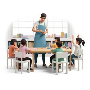 An origami artist, wearing a blue apron, is standing at a wooden table in a bright library. The artist is in the process of folding a colorful piece of paper into a crane, with a focused expression. Surrounding the table are several children, each sitting on small chairs, watching intently. The children vary in age and ethnicity, with one girl wearing a red shirt and another boy in a green t-shirt, both eagerly raising their hands to ask questions. Bookshelves filled with colorful children's books line the background, and a large window lets in sunlight, illuminating the scene.