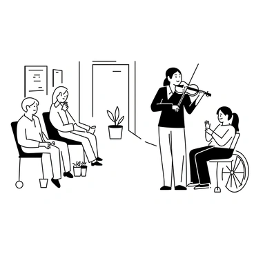 A musician standing in a hospital corridor, playing a violin. The musician is wearing a dark shirt and trousers, with long hair tied back. There are patients sitting in wheelchairs and on benches, listening intently to the music. The walls of the corridor are lined with medical posters and the floor is tiled. A few potted plants are placed along the hallway, adding a touch of greenery to the scene. The expressions on the faces of the patients show engagement and enjoyment as they listen to the performance.