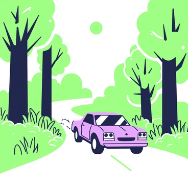 A car is driving away into a forest clearing. The car is a sleek, modern sedan with smooth lines and shiny surfaces. Tall trees surround the clearing, their trunks rising prominently against the sky. Sunlight filters through the leaves, creating patches of light on the ground. The road ahead is narrow, flanked by lush greenery on both sides. In the background, a variety of plants and undergrowth are visible, adding to the natural setting. The car's wheels kick up small particles of dust as it accelerates away from the clearing.