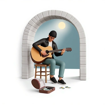 A street musician, wearing a black beanie, a dark leather jacket, and faded jeans, is seated on a wooden stool under a stone bridge. The musician is strumming a vintage acoustic guitar, focused on his performance. Soft moonlight filters through the arch of the bridge, casting gentle shadows. A small open guitar case lies in front of him, holding a few coins and crumpled bills. The scene is quiet, with faint echoes of the guitar notes reverberating against the stone walls.