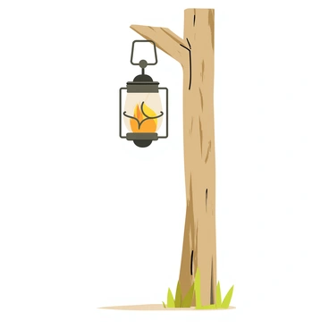 An old-fashioned lantern hanging from a weathered wooden post. The lantern has a glass enclosure with a metal frame, featuring intricate designs. Inside the lantern, a flickering flame casts a warm glow, illuminating the surrounding area. The wooden post is rough and textured, with visible knots and grain, standing firmly on the ground. Soft shadows dance around the base of the post, creating a cozy atmosphere.