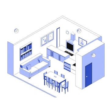 A cozy home interior is depicted, showing a living room, kitchen, and hallway. In the living room, there is a comfortable sofa with throw pillows, and a bookshelf filled with books. A smoke detector is mounted on the ceiling above. The kitchen features a wooden dining table with chairs and a stove, with another smoke detector installed near the ceiling. In the hallway, framed pictures hang on the walls, and a smoke detector is positioned above the entrance, ensuring fire safety throughout the space. The overall atmosphere suggests a warm and inviting home.